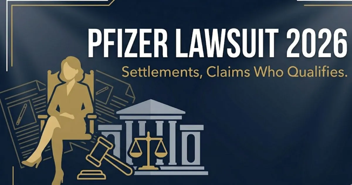 Pfizer lawsuit 2026 hero banner showing courthouse silhouette, legal scales, and bold headline text on navy background