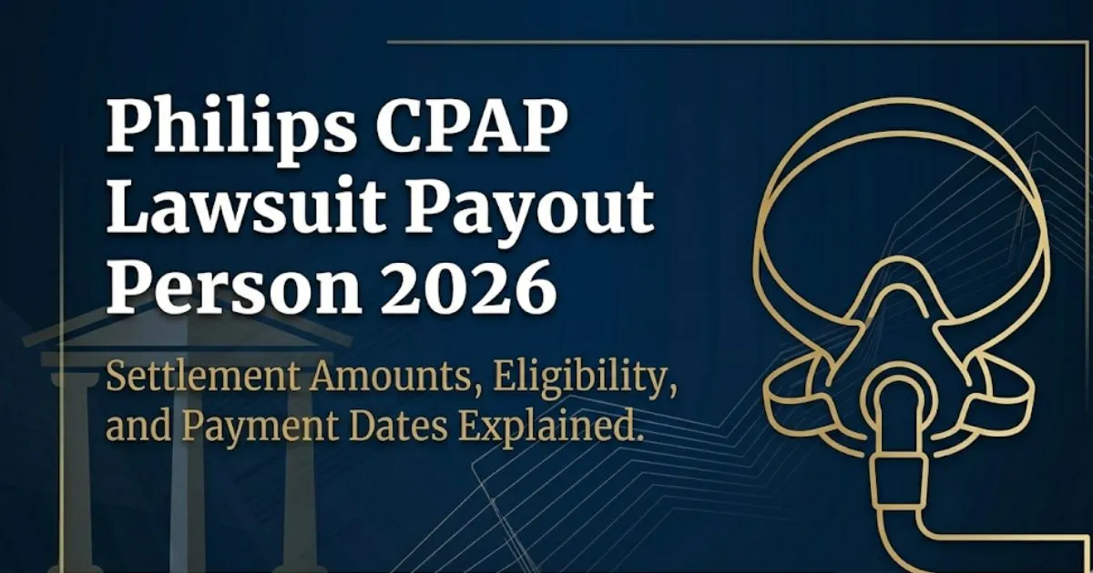 Philips CPAP lawsuit payout per person 2026 settlement guide banner with legal and device imagery