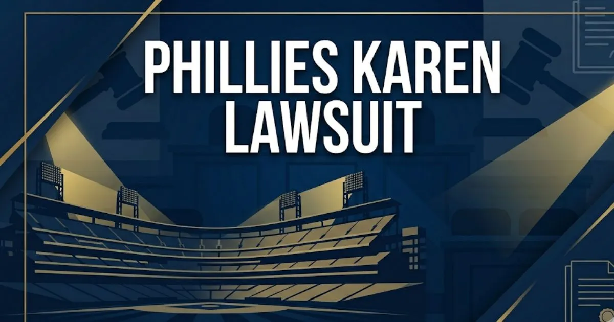 Phillies Karen lawsuit blog banner with stadium silhouette and legal imagery in navy and gold