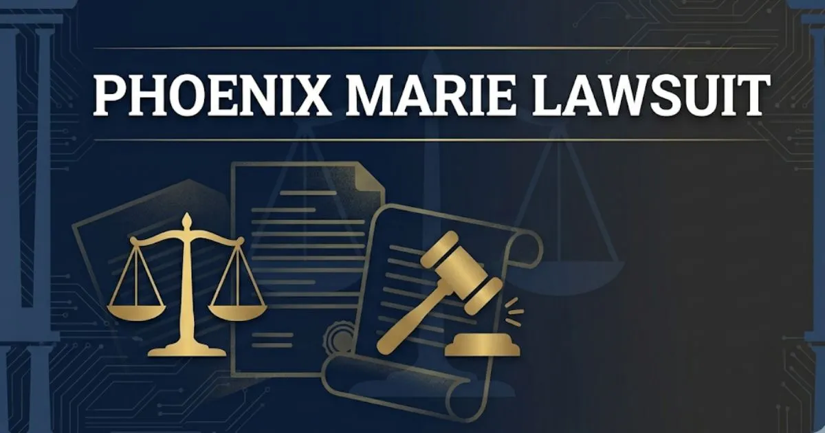 Phoenix Marie lawsuit 2026 legal case overview banner with gavel and scales of justice