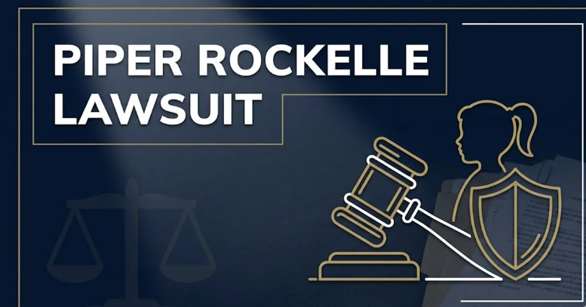 Piper Rockelle lawsuit legal breakdown banner with gavel and child protection icons on navy background