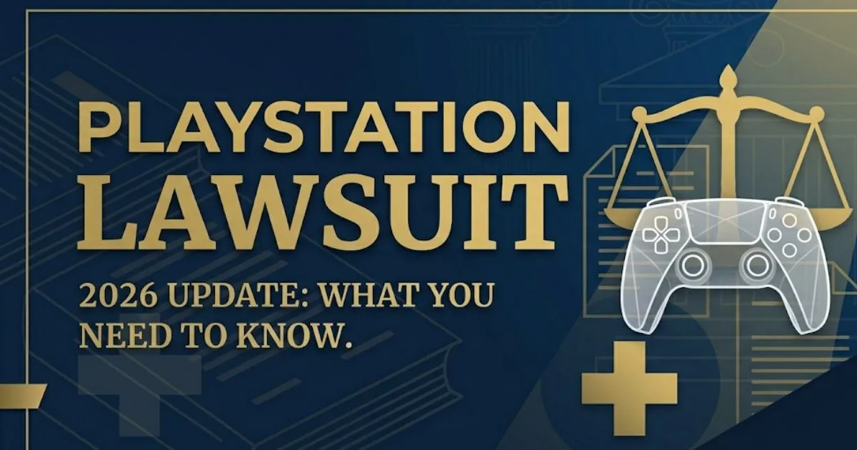 PlayStation lawsuit 2026 legal banner showing scales of justice and controller silhouette on navy background