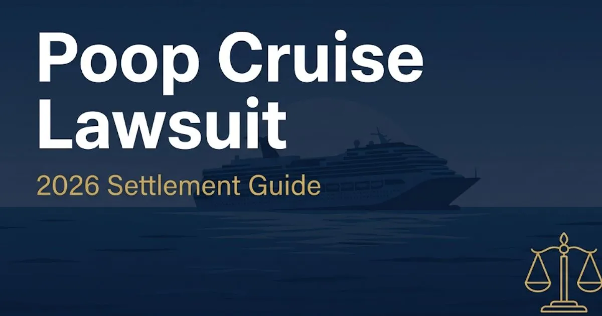 Poop cruise lawsuit 2026 settlement guide banner with cruise ship silhouette and legal scales on navy background