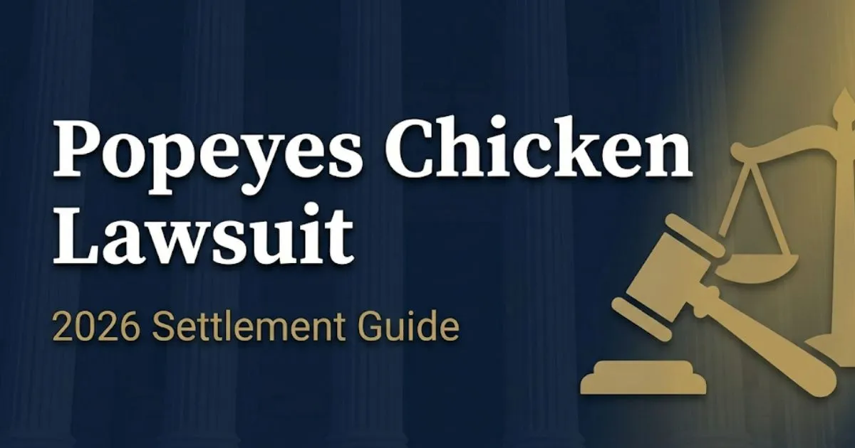 Popeyes chicken lawsuit 2026 settlement guide banner with legal gavel and scales of justice icons on navy background
