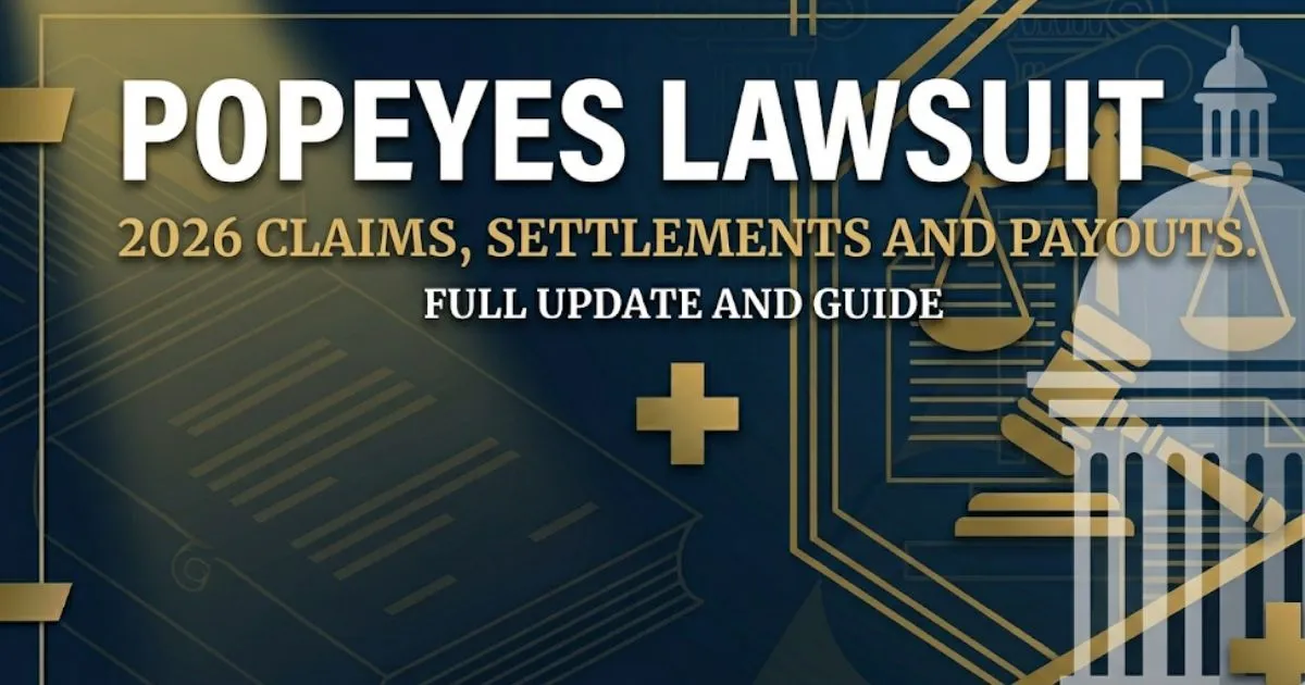 Popeyes lawsuit 2026 hero banner showing gavel and scales of justice on deep navy background with gold text