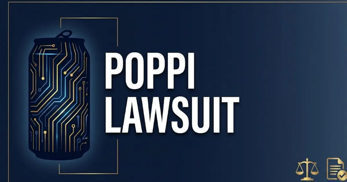 Poppi lawsuit 2026 legal guide banner with soda can silhouette and scales of justice icon