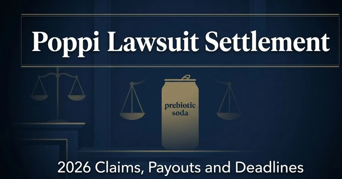 Poppi lawsuit settlement 2026 blog banner showing legal scales and soda can silhouette on navy background