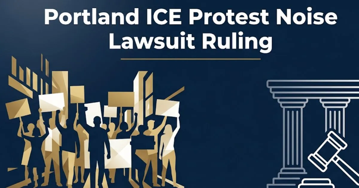 Portland ICE protest noise lawsuit ruling 2026 editorial banner showing silhouetted protesters and courthouse symbols