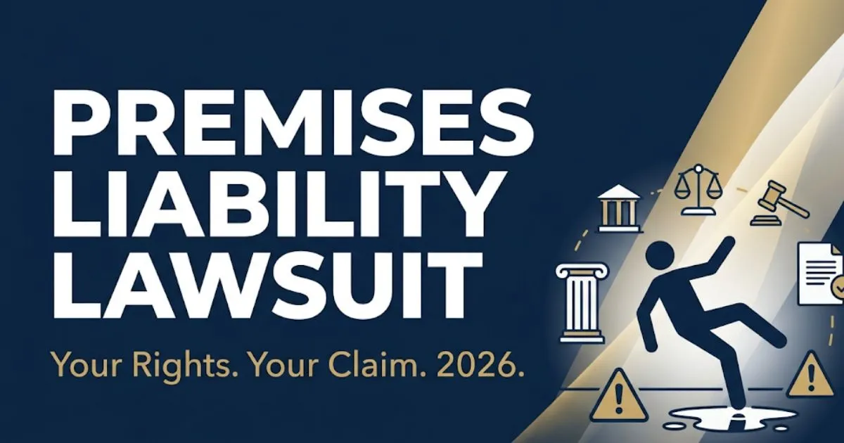 Premises liability lawsuit 2026 blog banner showing legal icons and a silhouette on navy background