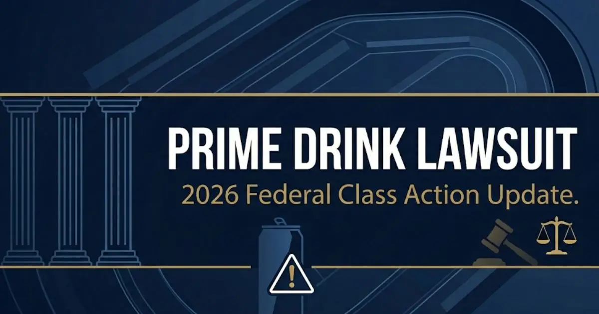 Prime drink lawsuit 2026 legal blog banner with energy drink silhouette and courthouse imagery