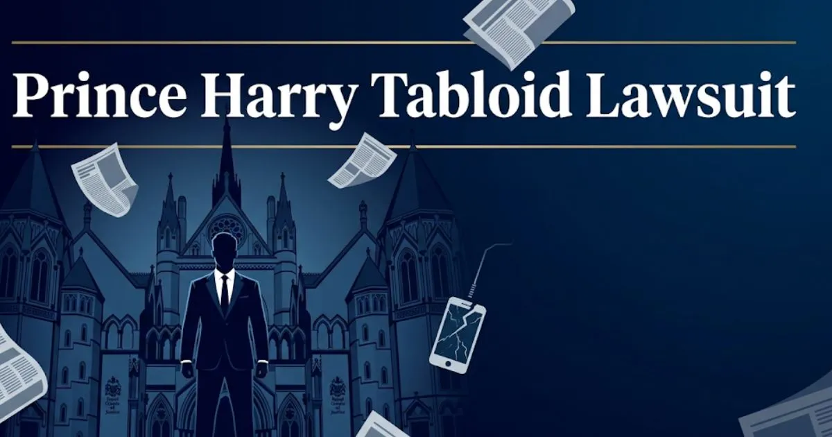 Prince harry tabloid lawsuit 2026 update banner with courthouse silhouette and legal icons