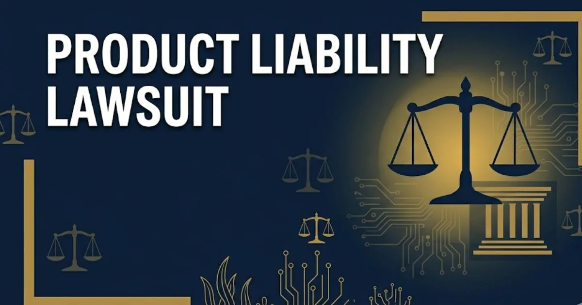 Product liability lawsuit hero banner with scales of justice and bold legal text on navy background
