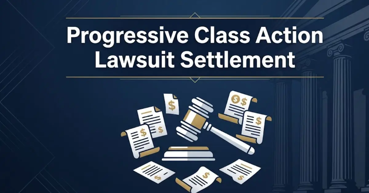 Progressive class action lawsuit settlement 2026 legal guide banner with gavel icon