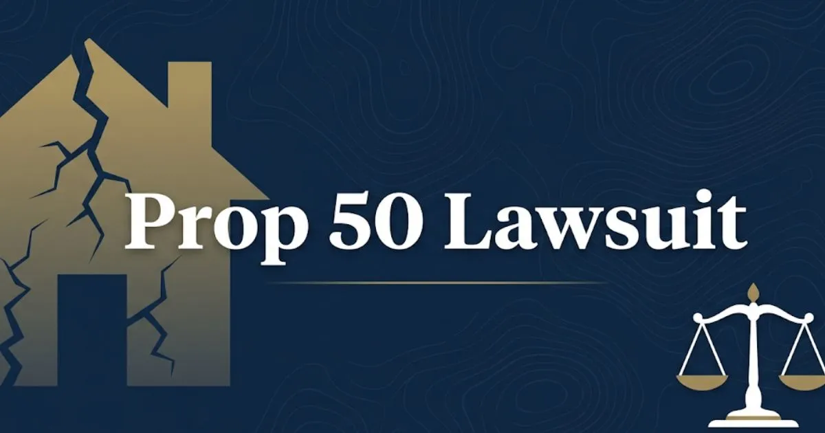Prop 50 lawsuit guide banner with legal scales and damaged house icon on navy background