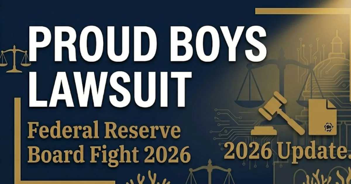 Proud Boys lawsuit 2026 editorial banner with Capitol silhouette, legal gavel, and bold headline text on navy background