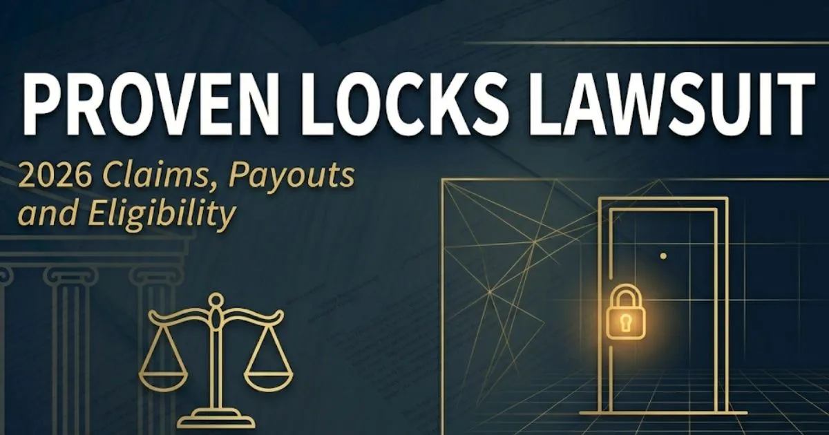 Proven Locks lawsuit 2026 banner showing deadbolt silhouette and legal scales on navy background with gold text