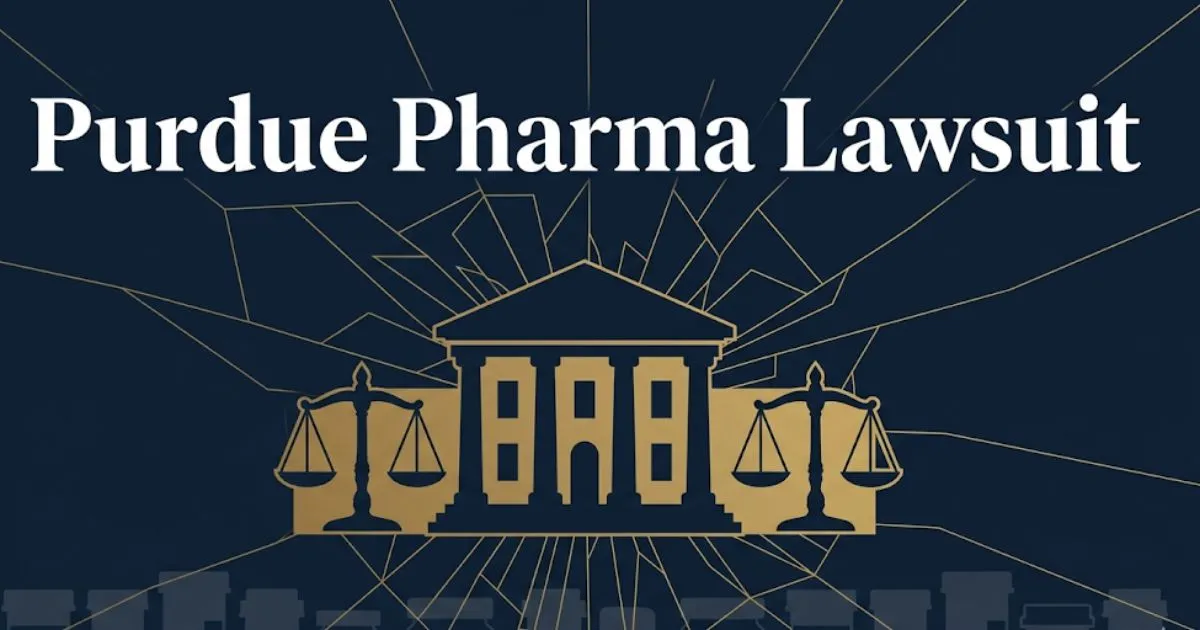 Purdue Pharma lawsuit 2026 guide with courthouse and scales of justice banner image
