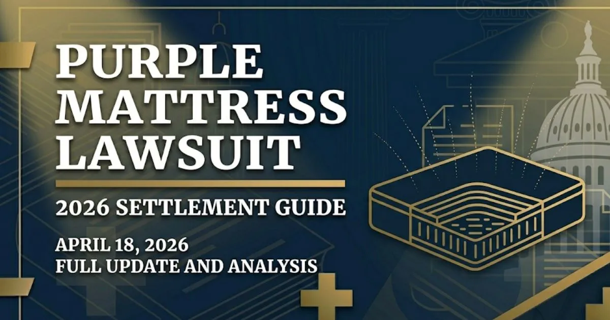 Purple mattress lawsuit 2026 legal banner showing mattress cross-section with fiberglass exposure warning and settlement guide headline