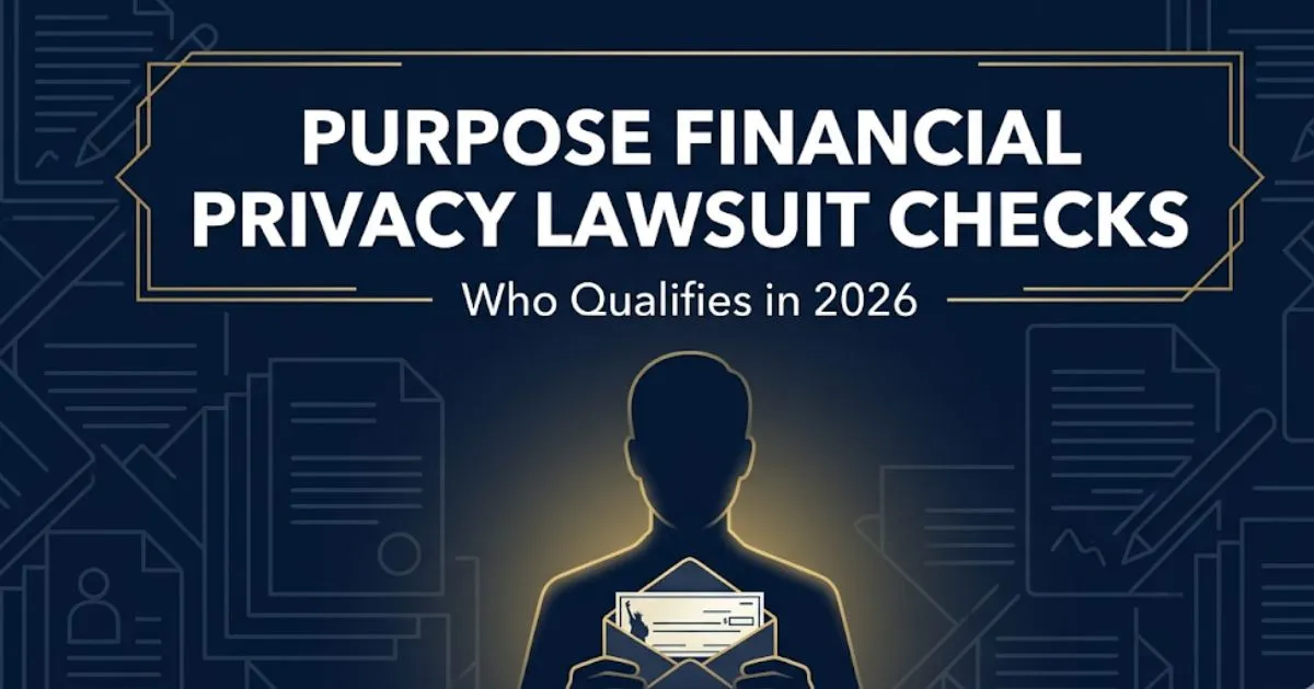 Purpose Financial privacy lawsuit checks 2026 banner showing settlement eligibility and claim information for affected customers
