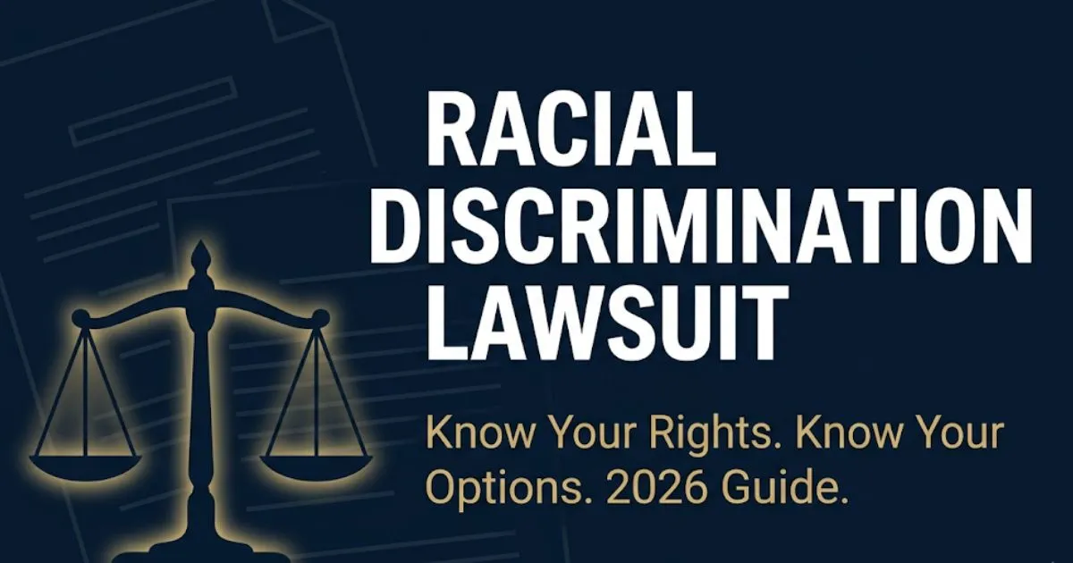 Racial discrimination lawsuit guide banner with scales of justice and bold headline text on navy background