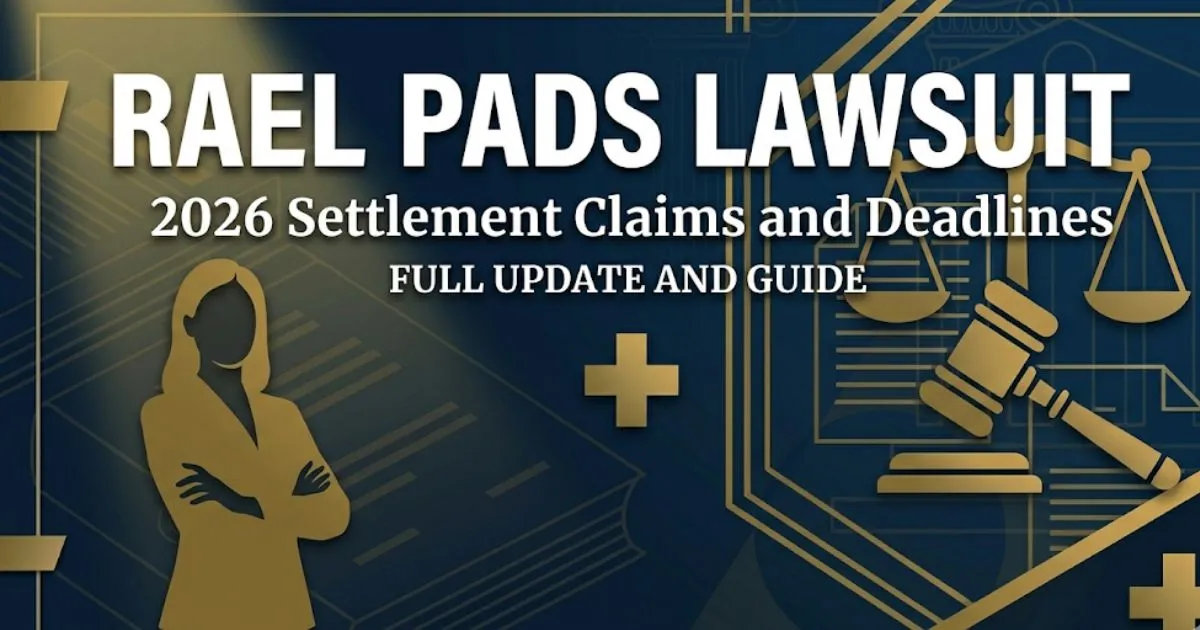 Rael pads lawsuit 2026 hero banner showing legal scales and courthouse silhouette on navy background