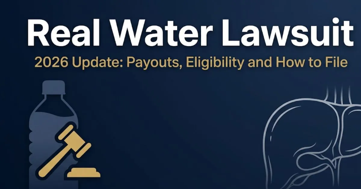 Real Water Lawsuit 2026 blog banner with legal gavel and water bottle silhouette on navy background