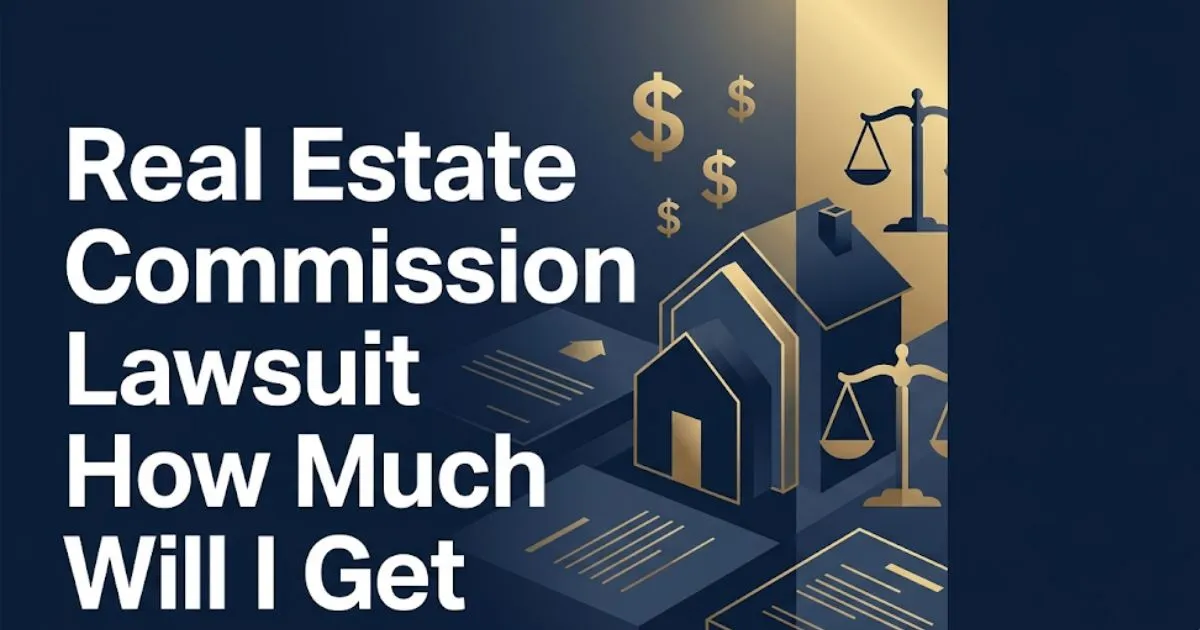 Real estate commission lawsuit how much will I get guide with legal scales and home icons