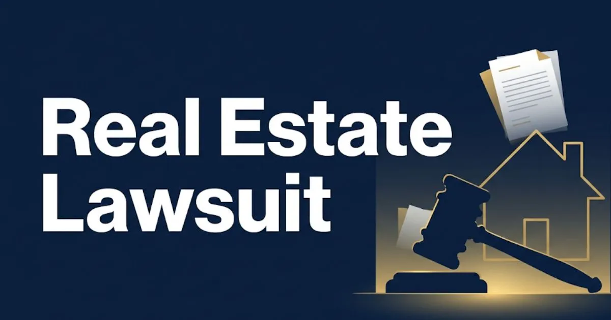 Real estate lawsuit 2026 blog banner showing gavel and house icon on navy background with bold title text