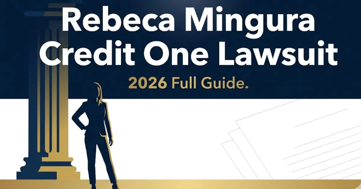 Rebeca Mingura Credit One lawsuit 2026 full guide banner with legal courthouse silhouette on navy background