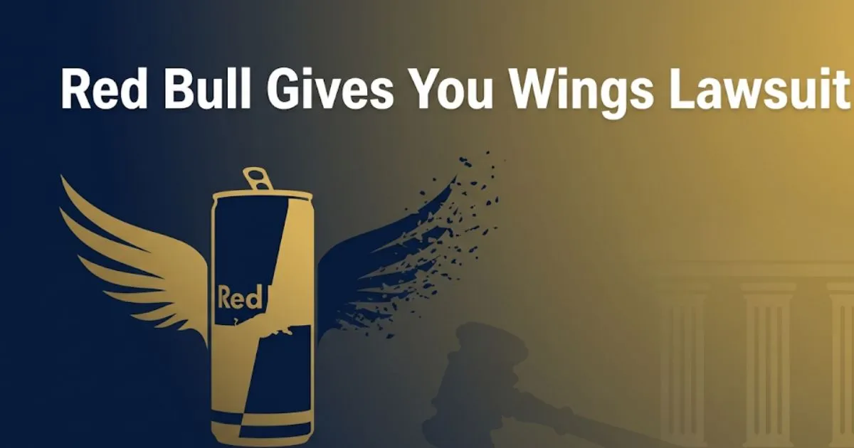 Red Bull Gives You Wings Lawsuit headline with energy drink can and legal symbols on navy and gold background