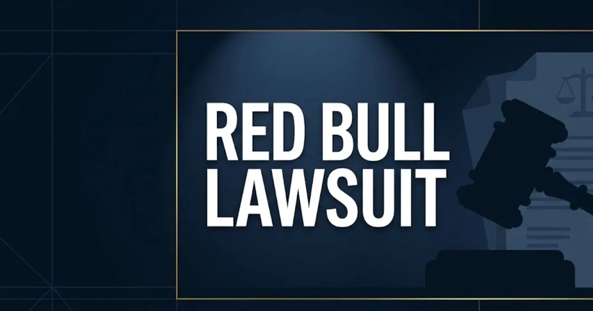 Red Bull lawsuit 2026 legal banner showing gavel and scales of justice with bold headline text on navy background