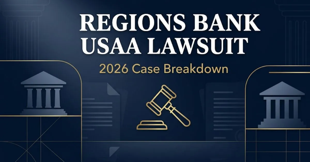 Regions Bank USAA lawsuit 2026 case breakdown blog banner with legal gavel and financial building silhouettes on navy background