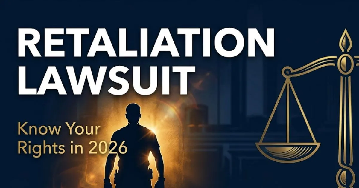 Retaliation lawsuit guide blog banner showing courthouse silhouette scales of justice and bold 2026 title text