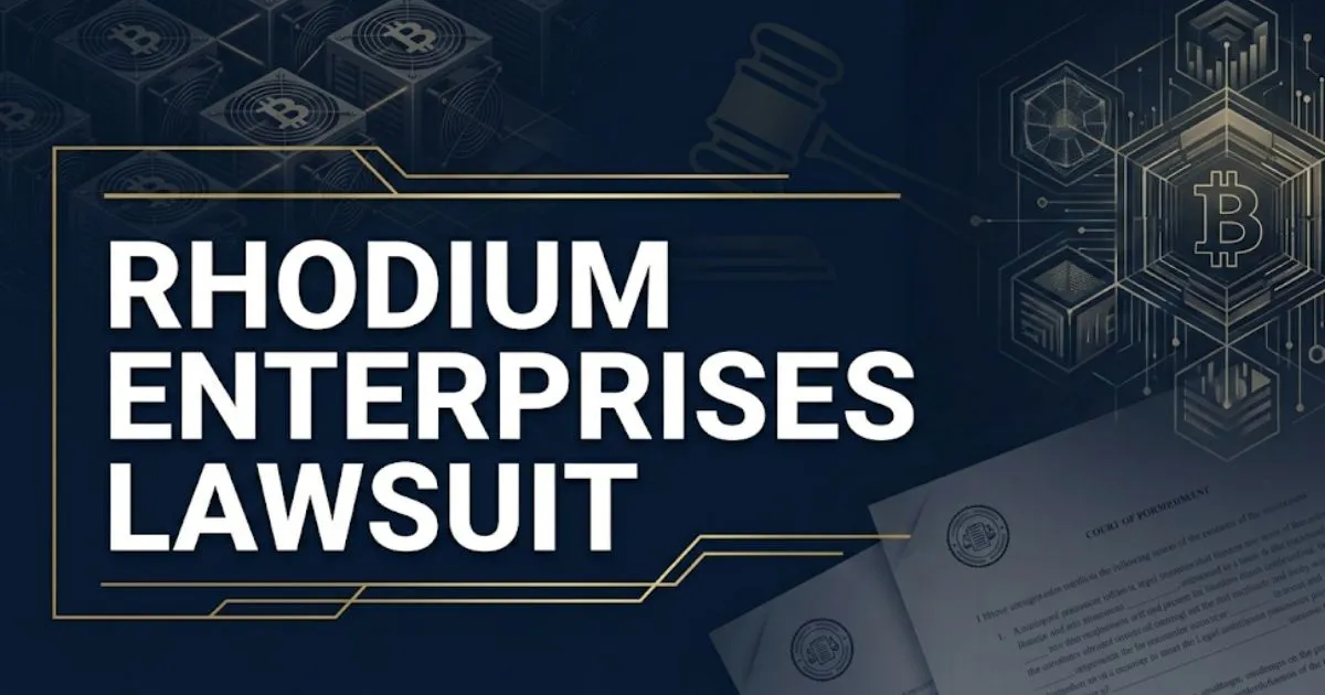 Rhodium Enterprises lawsuit legal guide 2026 hero banner with gavel and bitcoin mining icons on navy background