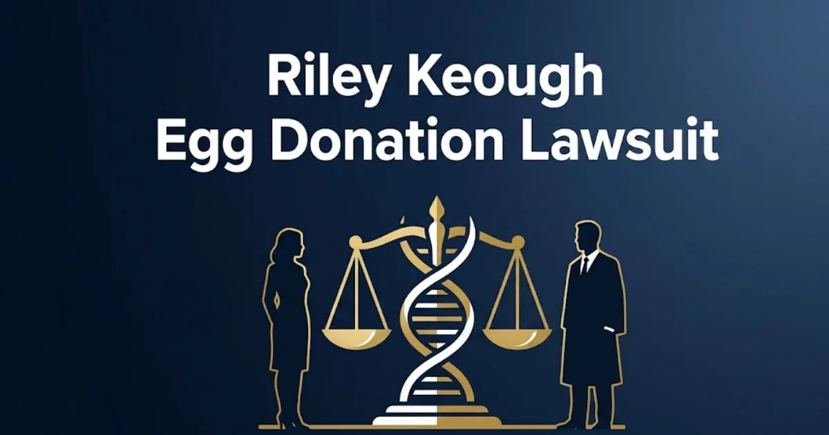 Riley Keough egg donation lawsuit 2026 legal guide banner with scales of justice and DNA helix design