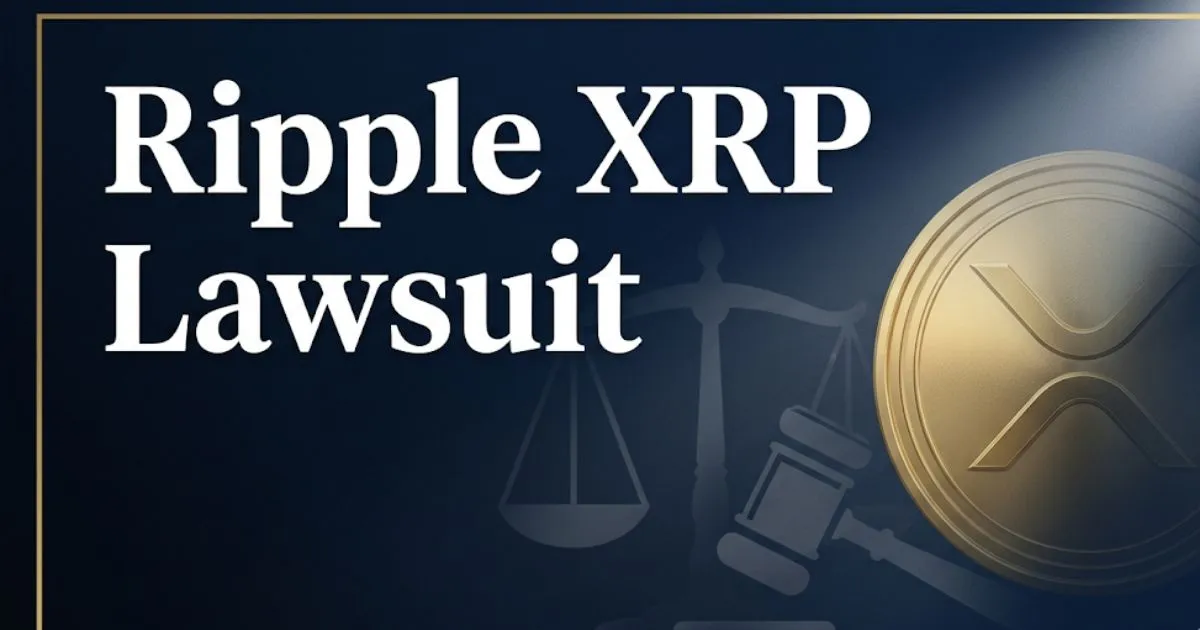 Ripple XRP Lawsuit 2026 status update banner with legal scale icons and gold XRP symbol on navy background