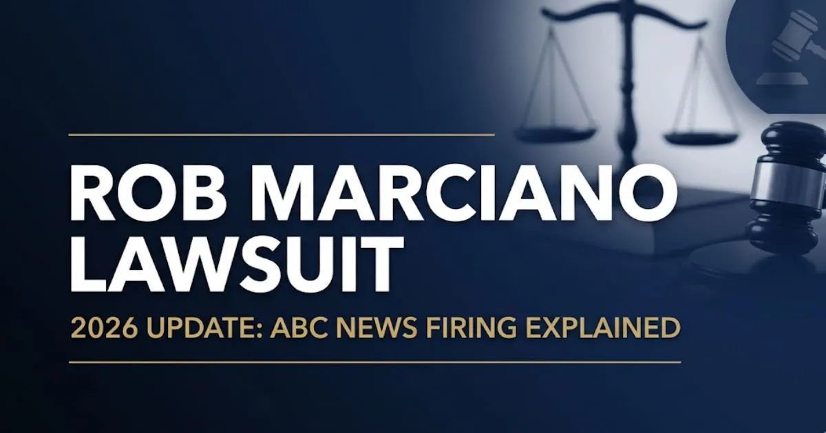 Rob Marciano lawsuit 2026 ABC News firing legal case update banner with scales of justice on navy background