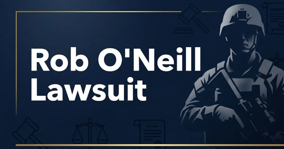 Rob O'Neill lawsuit 2026 legal case breakdown banner with gavel and scales of justice on navy background