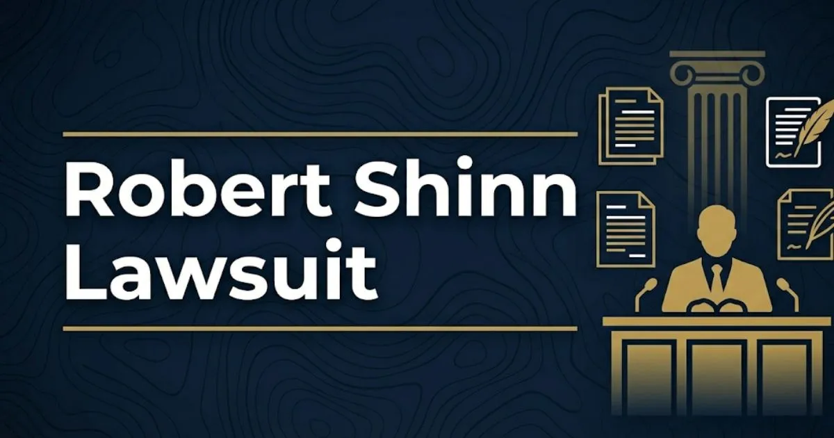Robert Shinn Lawsuit editorial banner with legal silhouette and courthouse icons on navy background