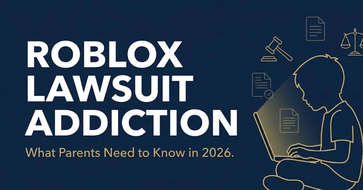 Roblox lawsuit addiction 2026 guide for parents showing legal symbols and child silhouette on navy background