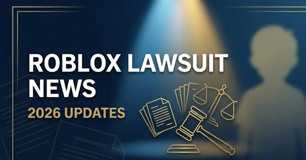 Roblox lawsuit news 2026 banner showing legal scales, gavel silhouette, and bold headline text on navy background