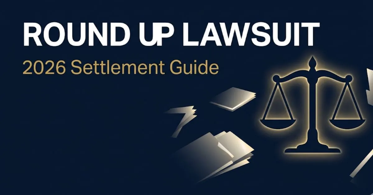 Round up lawsuit 2026 settlement guide banner with legal scales icon on navy background