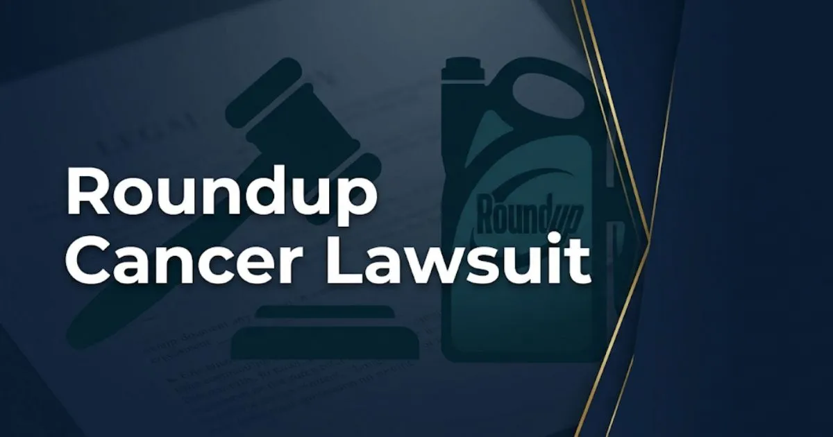Roundup cancer lawsuit blog banner with legal gavel and herbicide silhouette on deep navy background