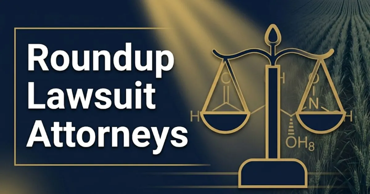Roundup lawsuit attorneys 2026 legal banner with scale of justice and glyphosate molecule illustration on navy