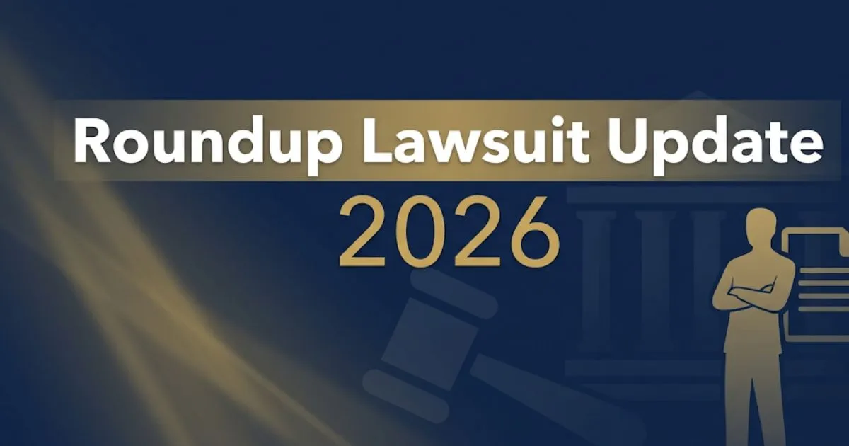 Roundup lawsuit update 2026 hero banner with legal gavel and courthouse symbols on navy background