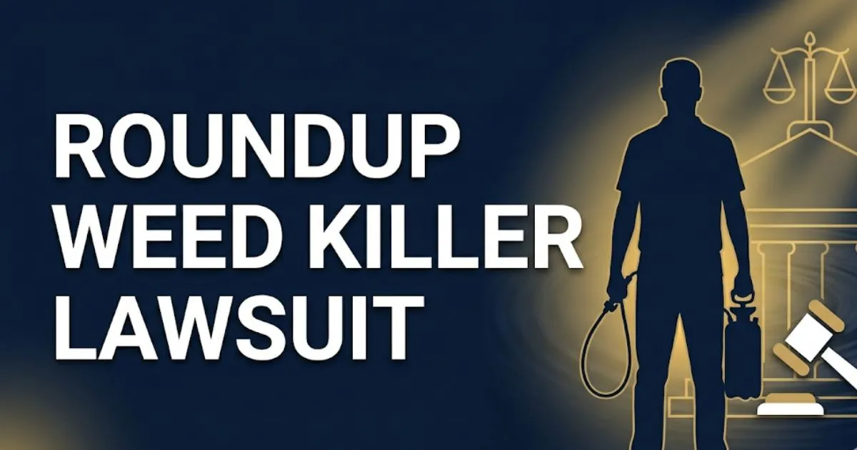 Roundup weed killer lawsuit 2026 guide hero banner with legal symbols and navy gold color scheme