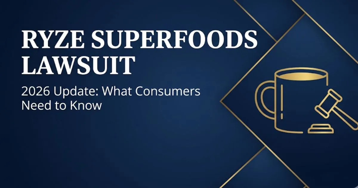 Ryze Superfoods lawsuit 2026 legal banner showing gavel and coffee cup icons on navy background