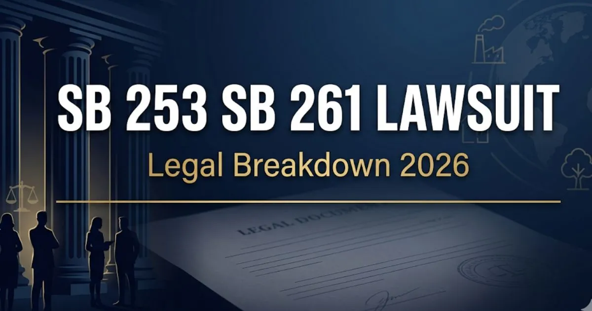 SB 253 SB 261 lawsuit legal breakdown 2026 hero banner with courthouse and climate disclosure theme