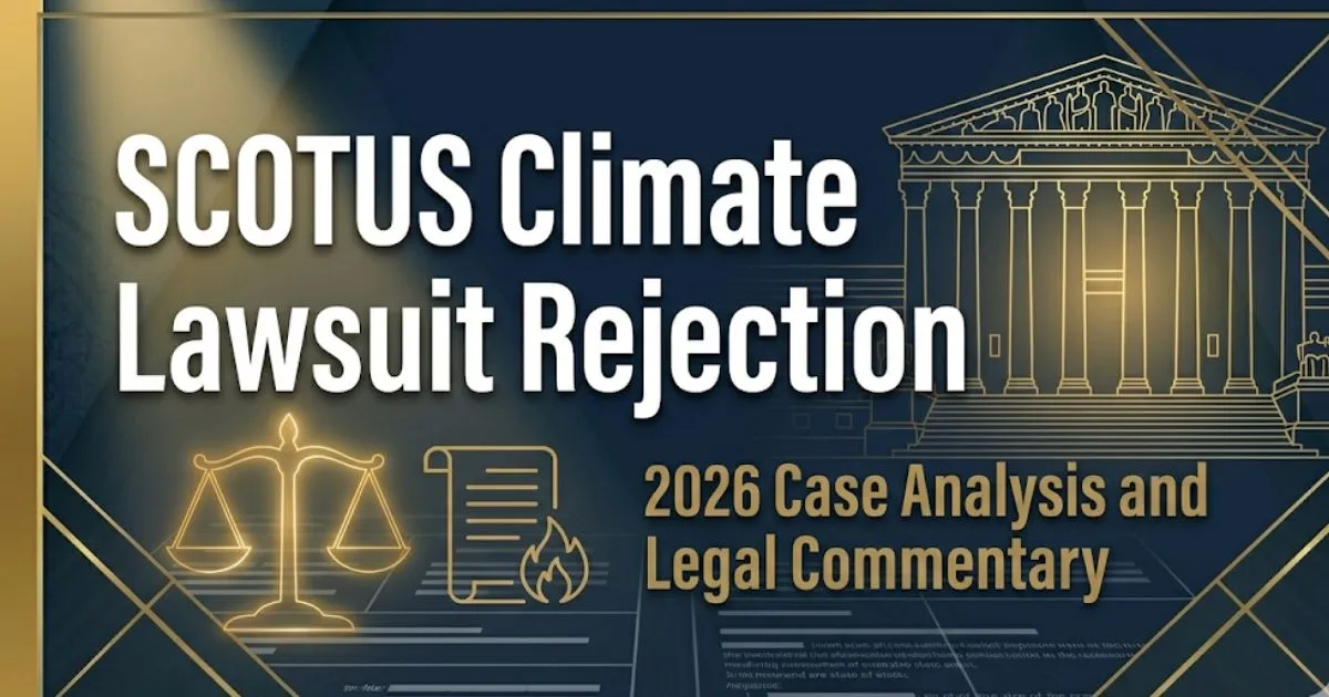 SCOTUS climate lawsuit rejection 2026 banner showing Supreme Court silhouette, gavel, and fossil fuel icons on navy background