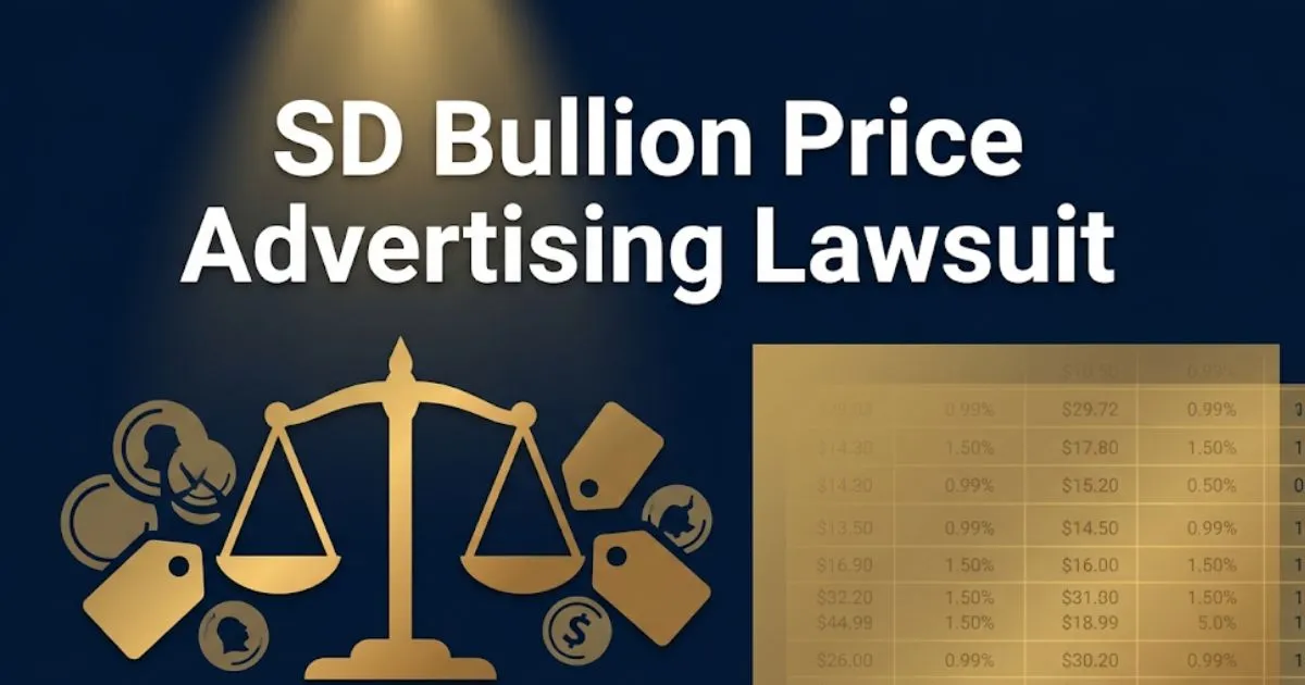 SD Bullion price advertising lawsuit 2026 legal guide banner with gold scale icon on navy background